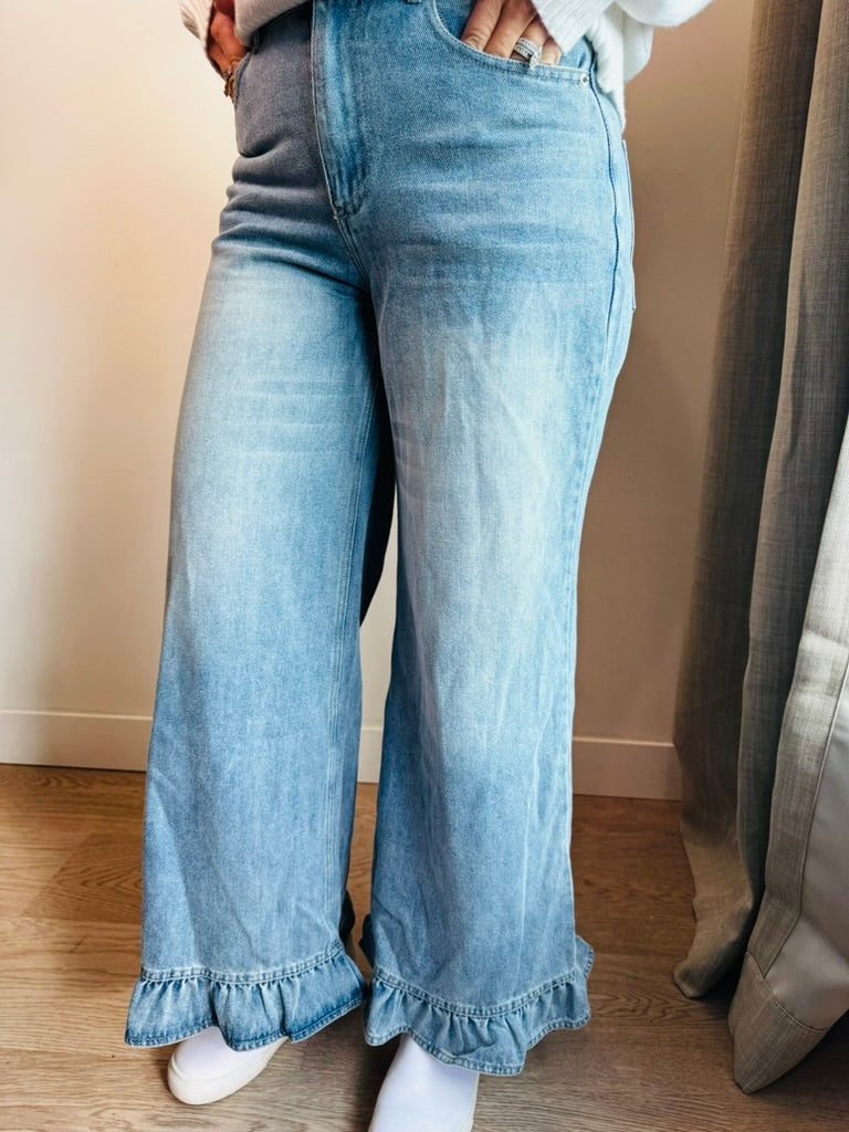 Wide Leg Ruffle Denim Jeans
