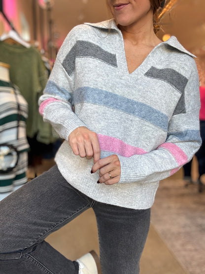Gray Collared Multi Stripe Sweater