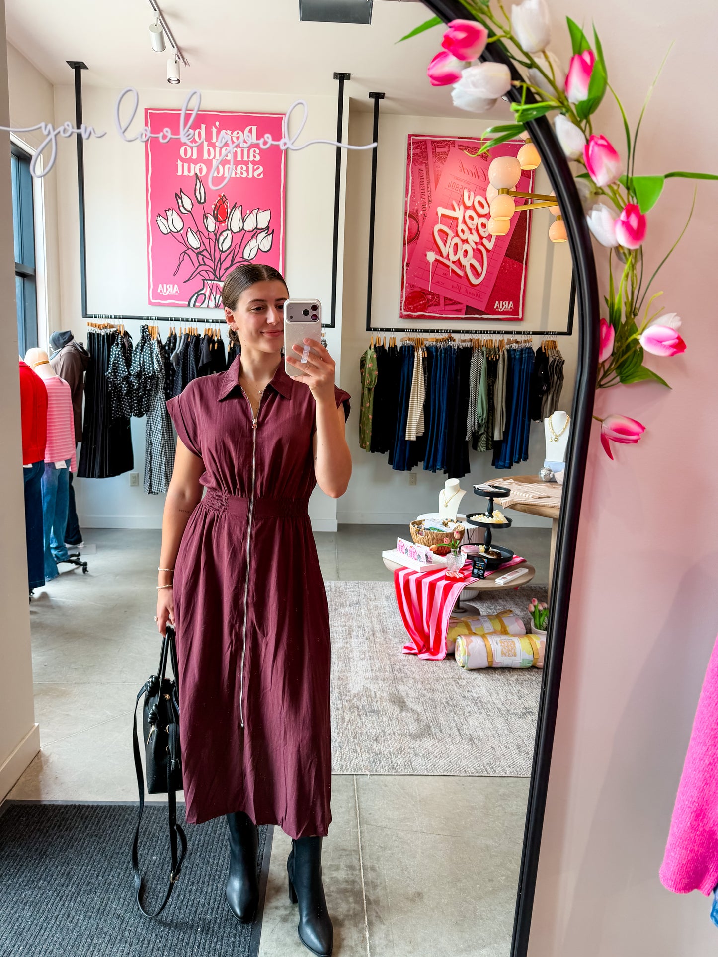 Wine Drop Sleeve Zip Up Midi Dress