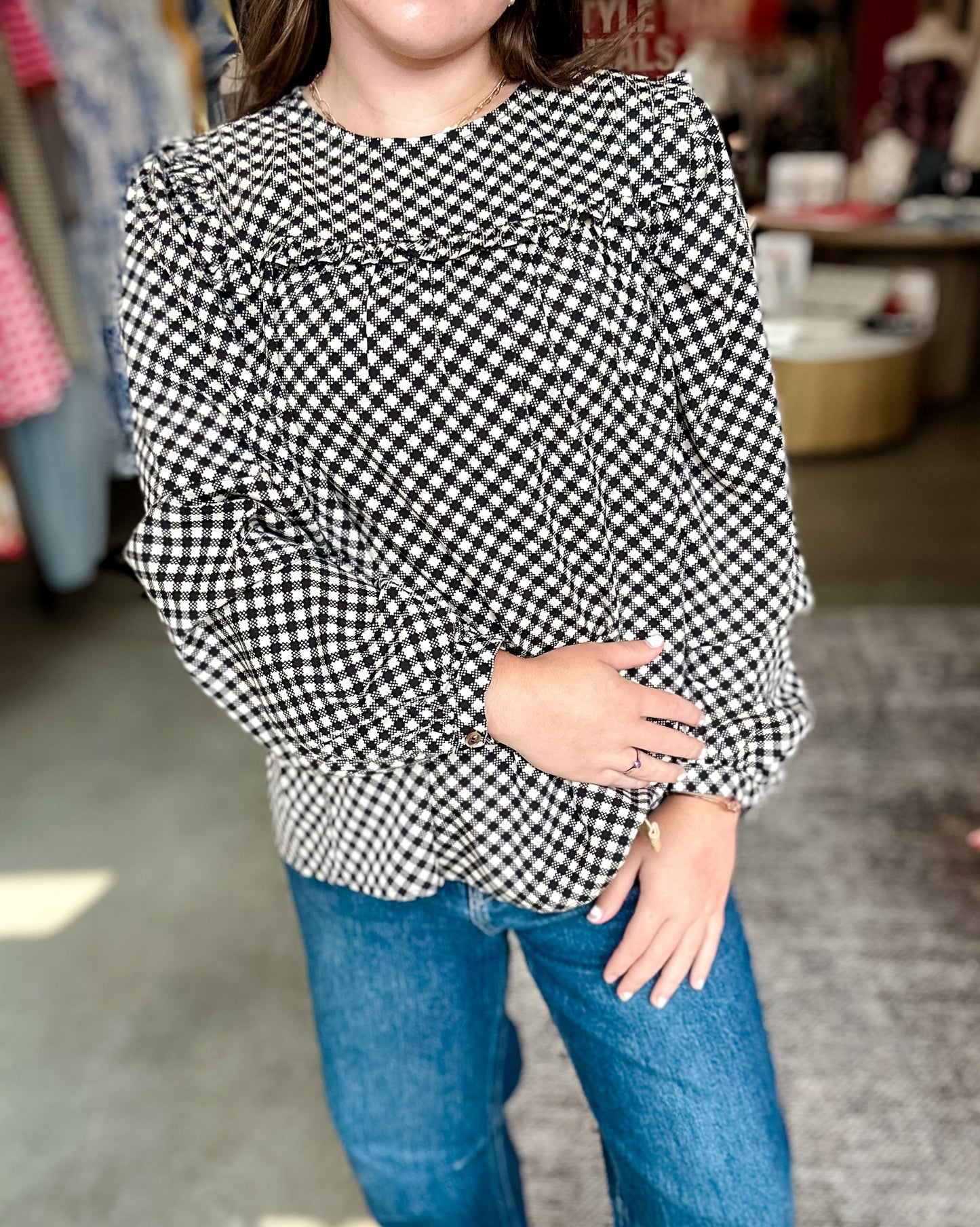 Black Gingham Puff Sleeve LS Blouse