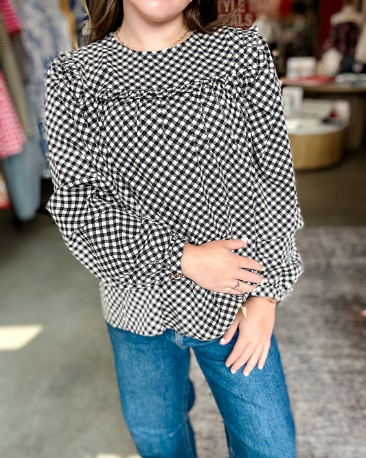 Black Gingham Puff Sleeve LS Blouse