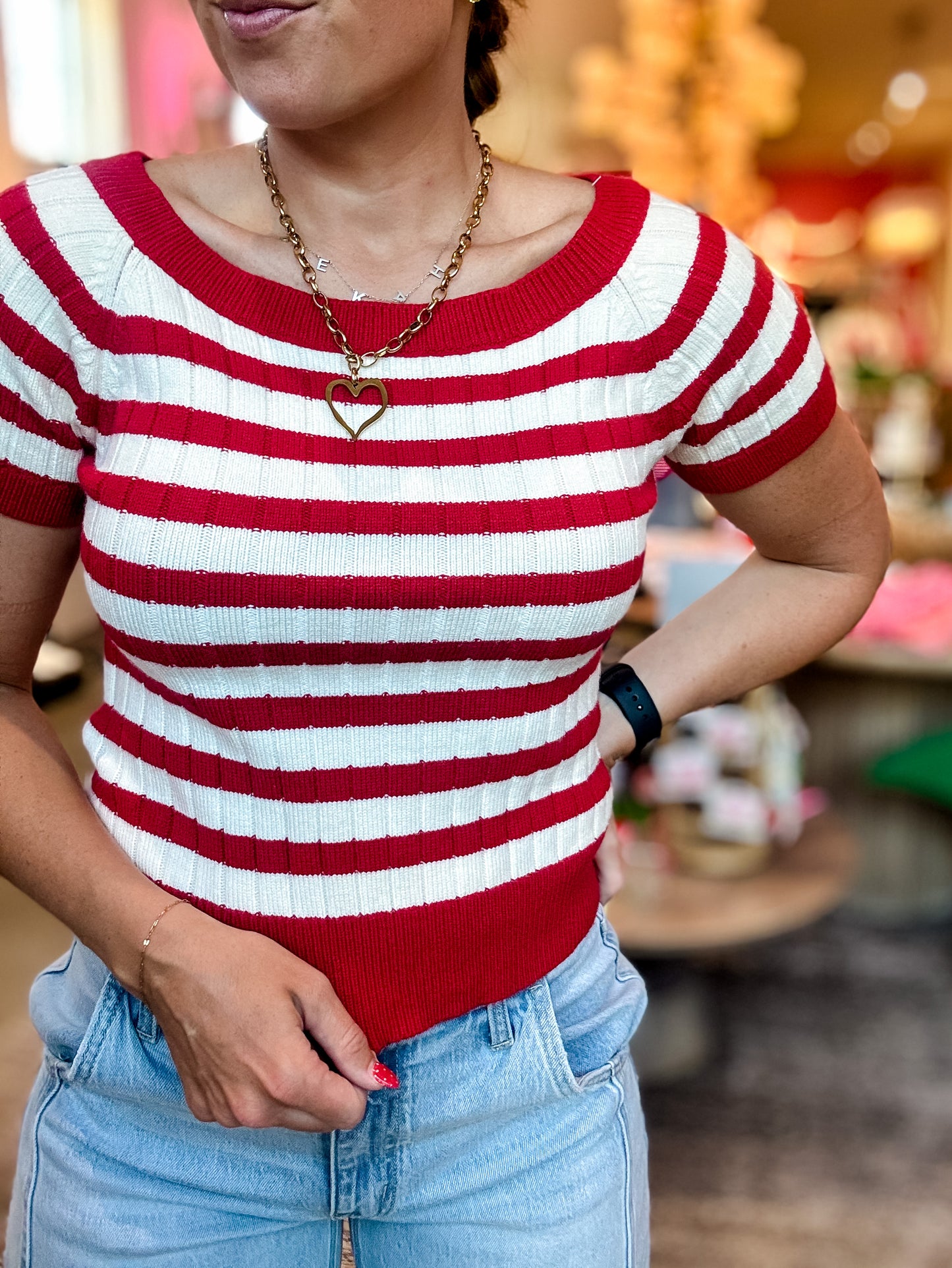Red + White Stripe SS Sweater Top