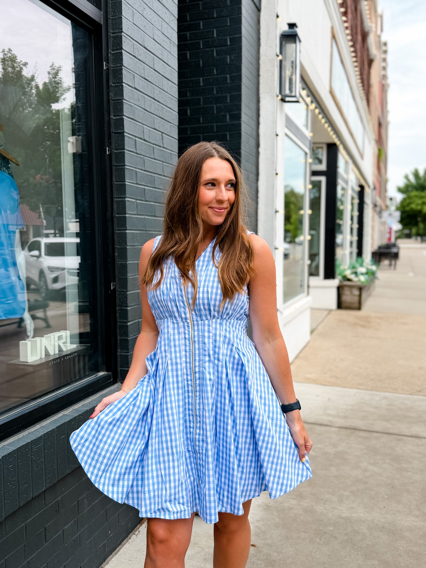 Blue Gingham Zip Mini Dress