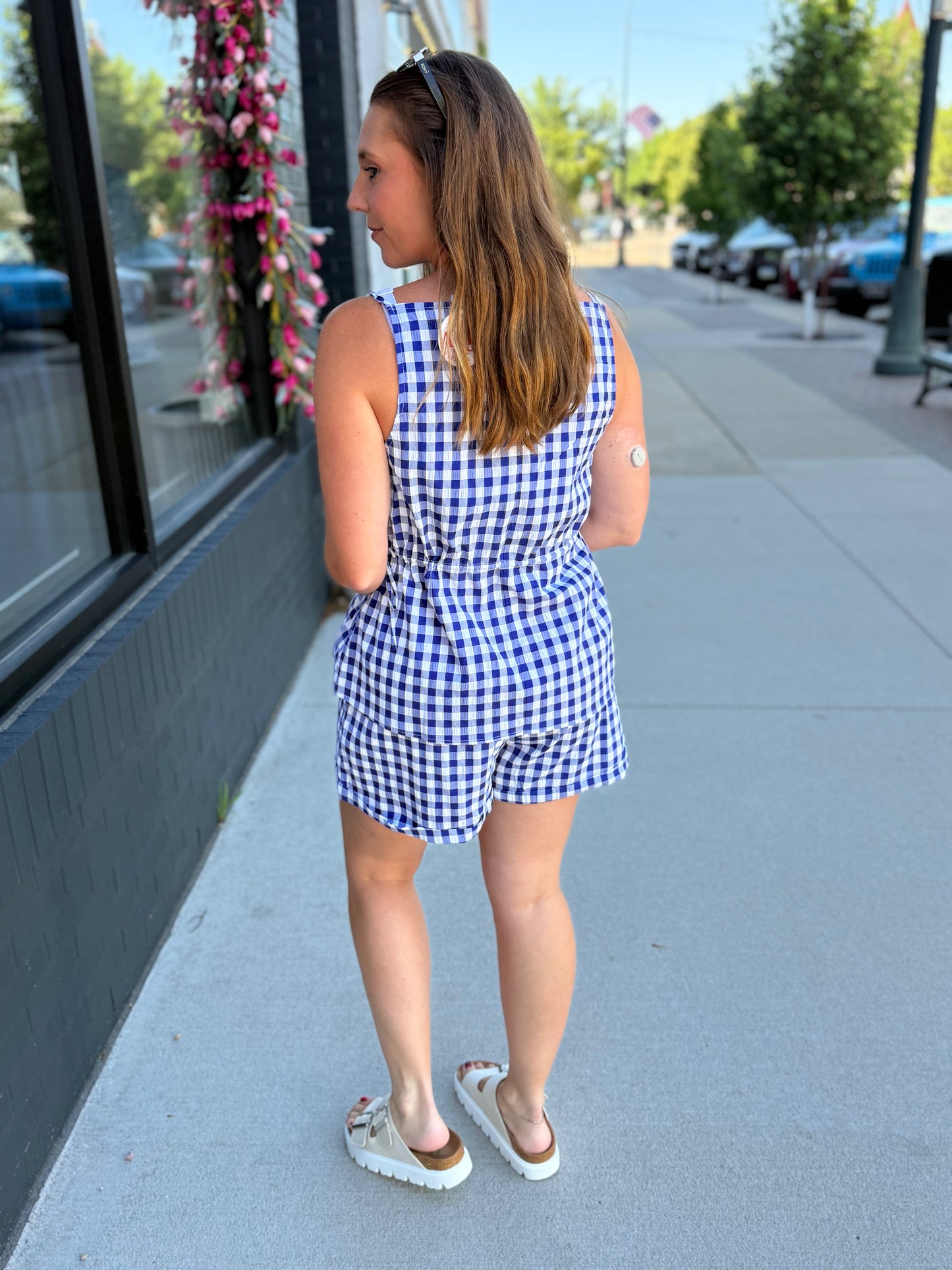 Blue + White Gingham Tank + Shorts Set