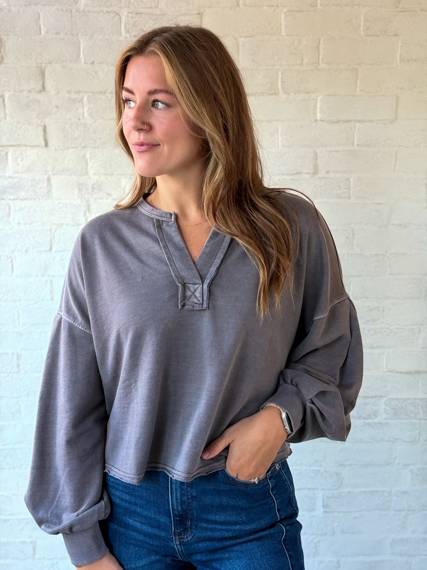 Charcoal Boxy Knit Cropped Pullover
