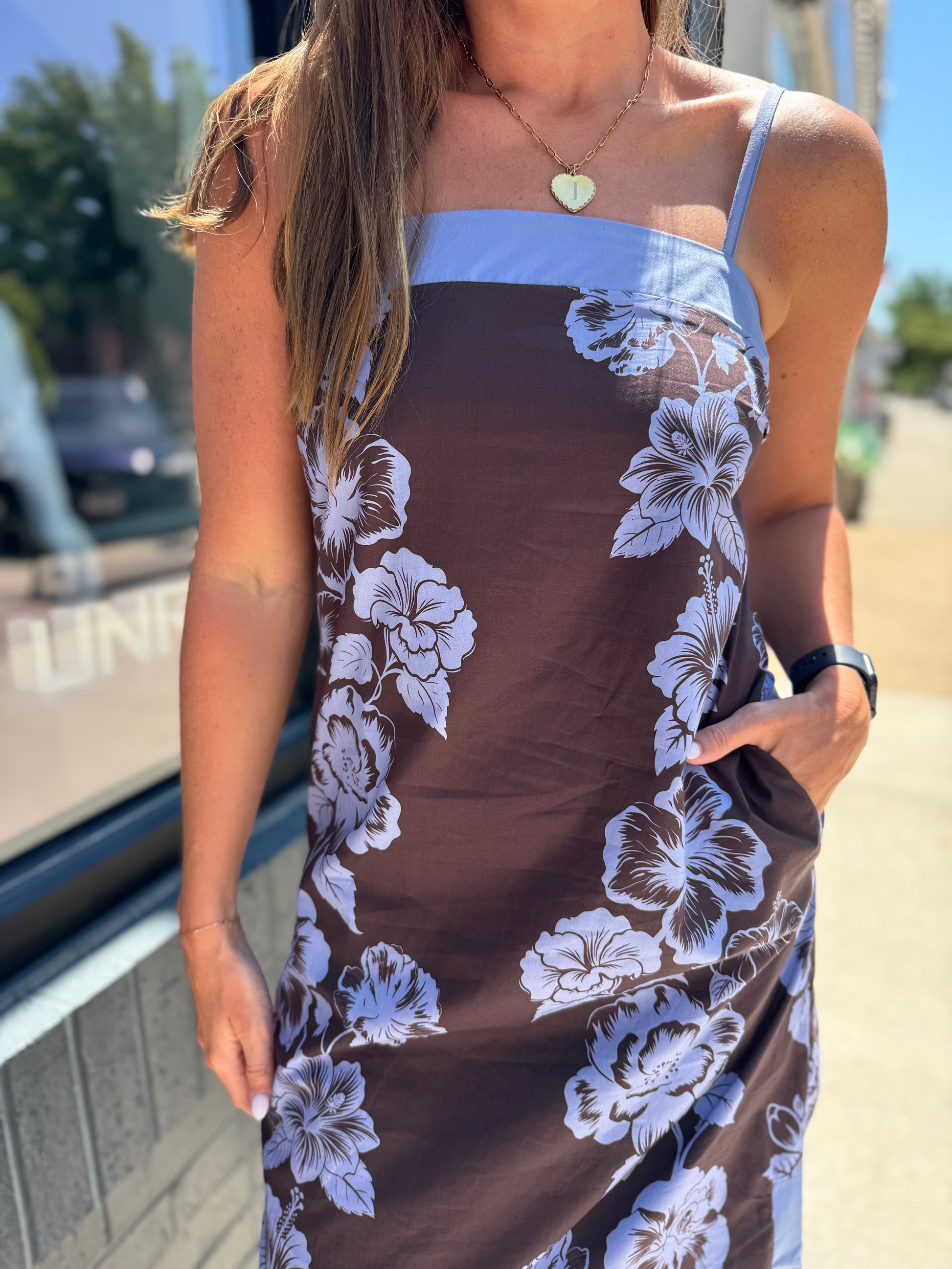 Brown + Blue Cami Floral Midi Dress Medium