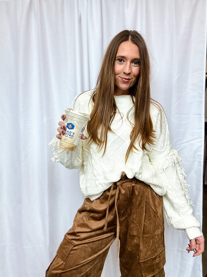 Cream Fringe Cable knit Slouchy Sweater