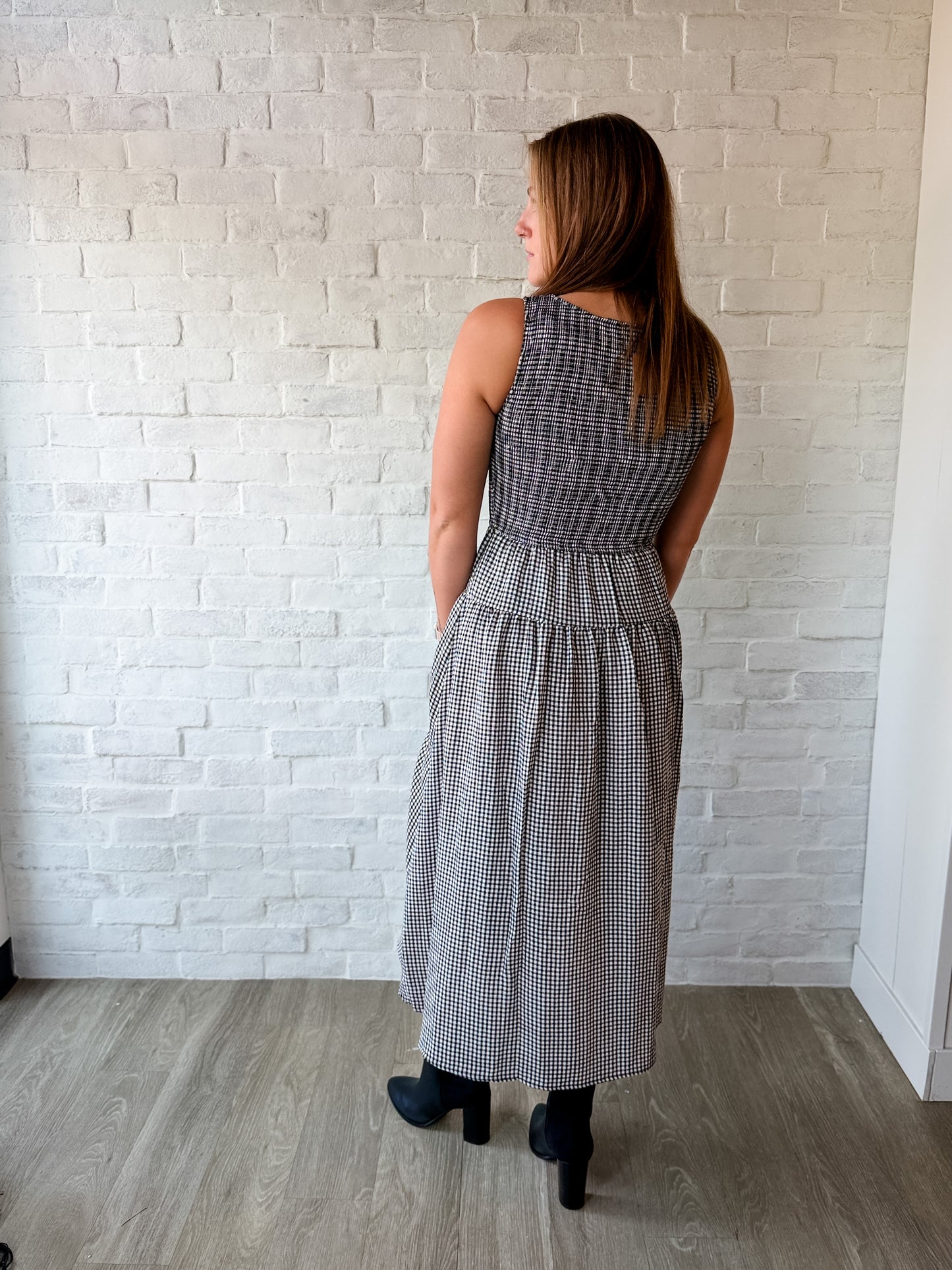 Smocked Tiered Gingham Midi Dress