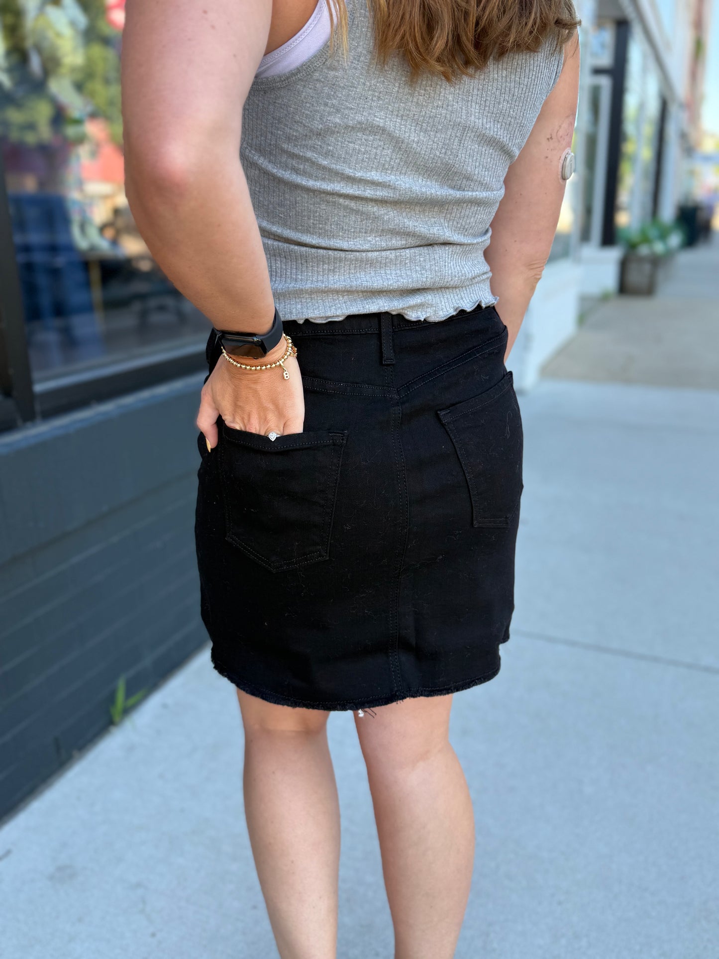 Black Denim Frayed Skirt