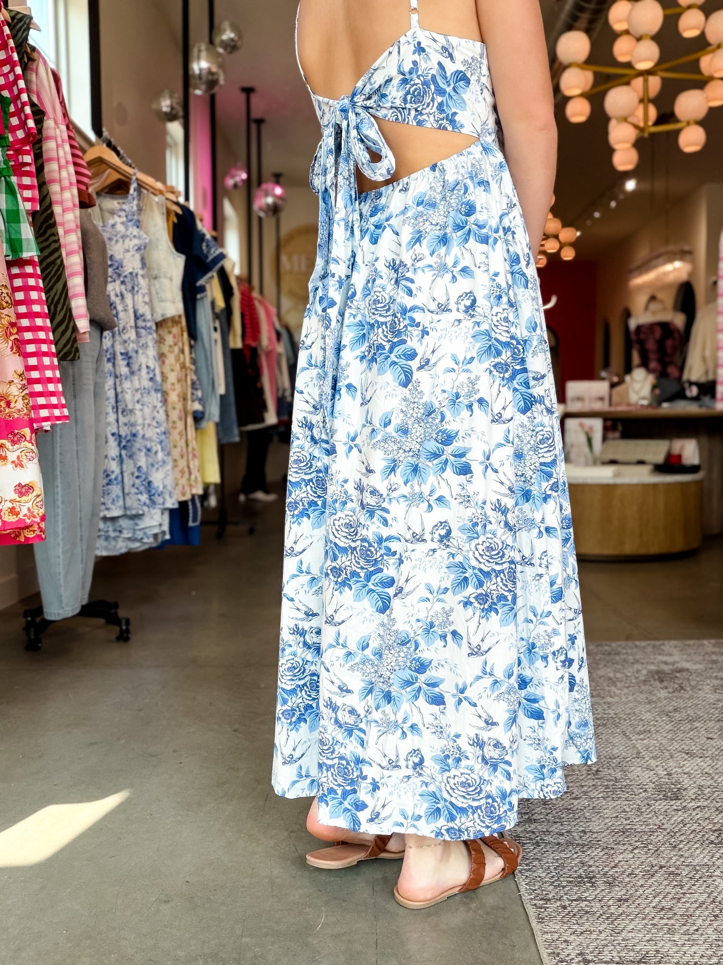 Blue Floral V Neck Tie Back Dress