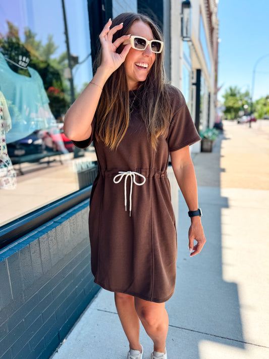 Brown Waist Tie Mini Dress