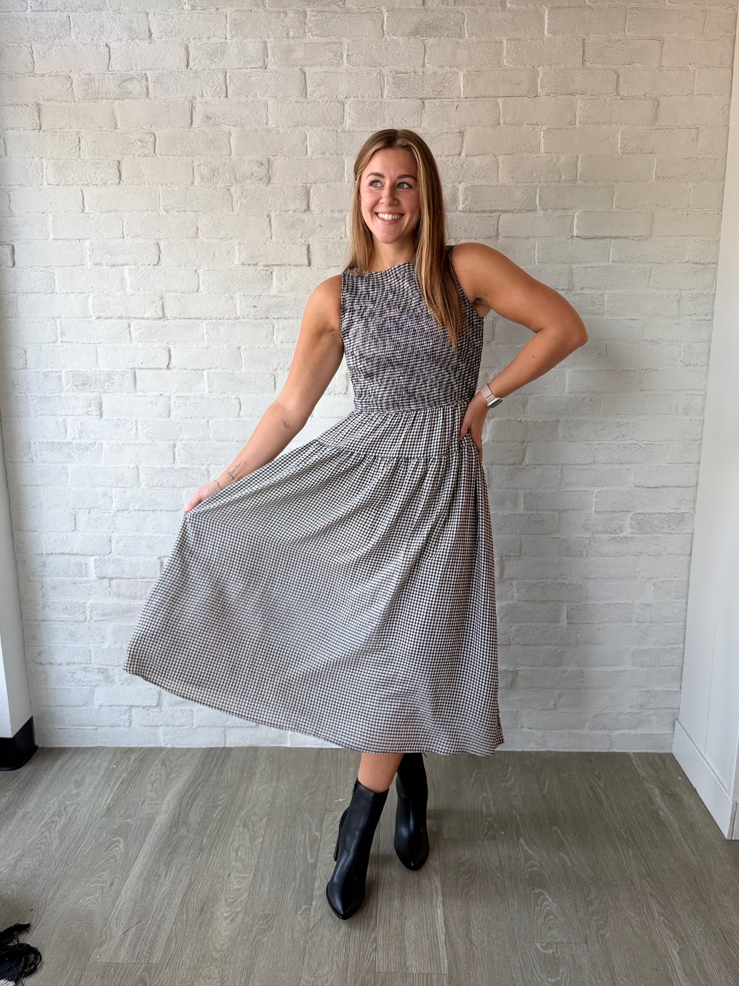 Smocked Tiered Gingham Midi Dress