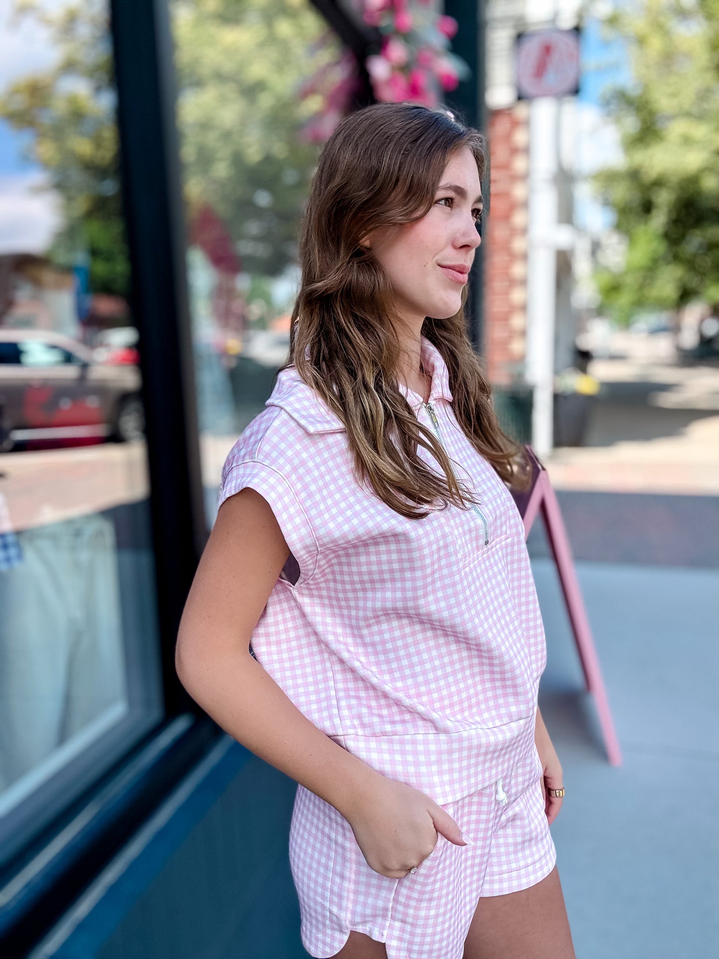 Pink Gingham Zip Top + Shorts Set