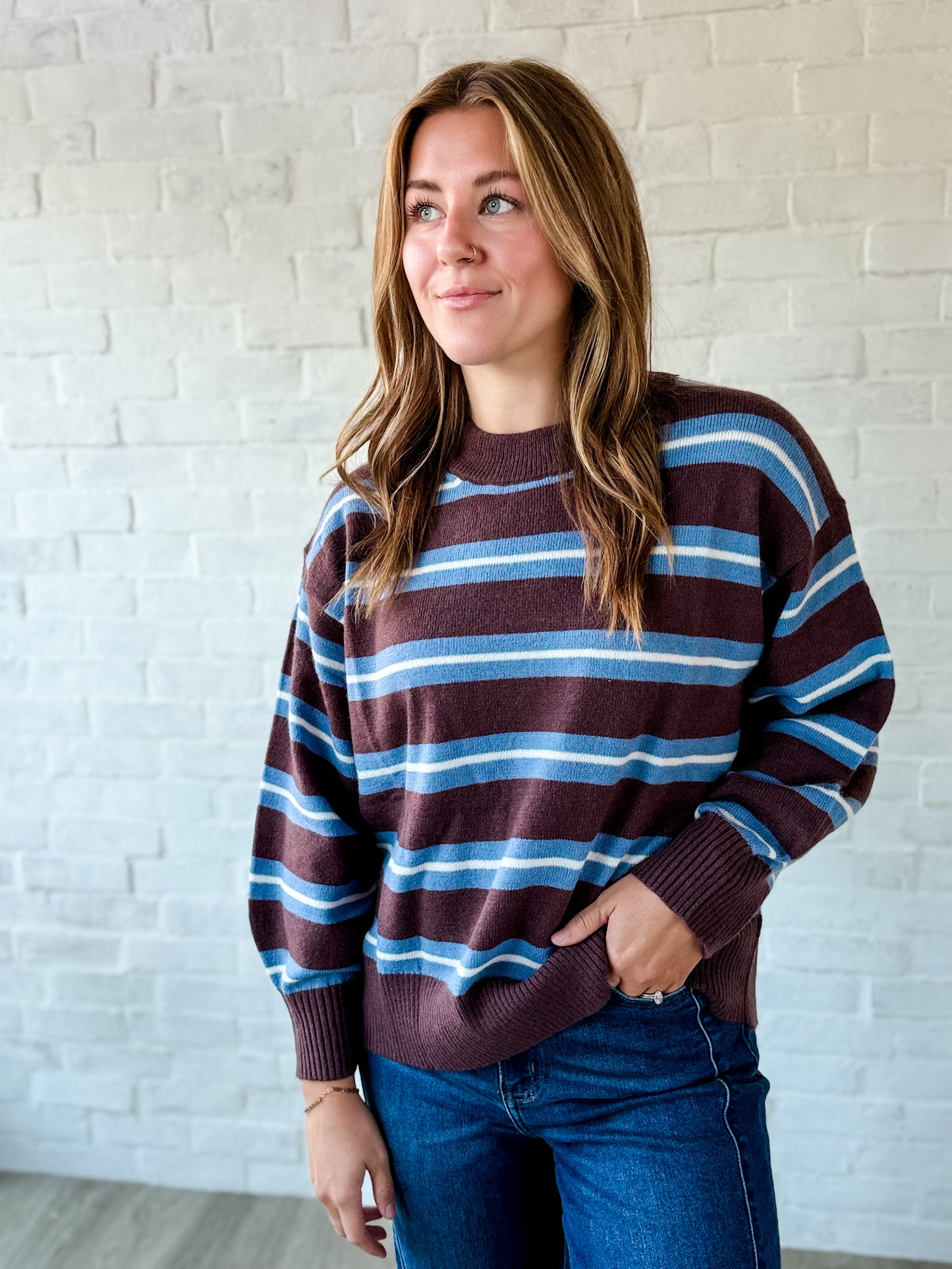 Brown + Blue + White Stripe Crew Sweater
