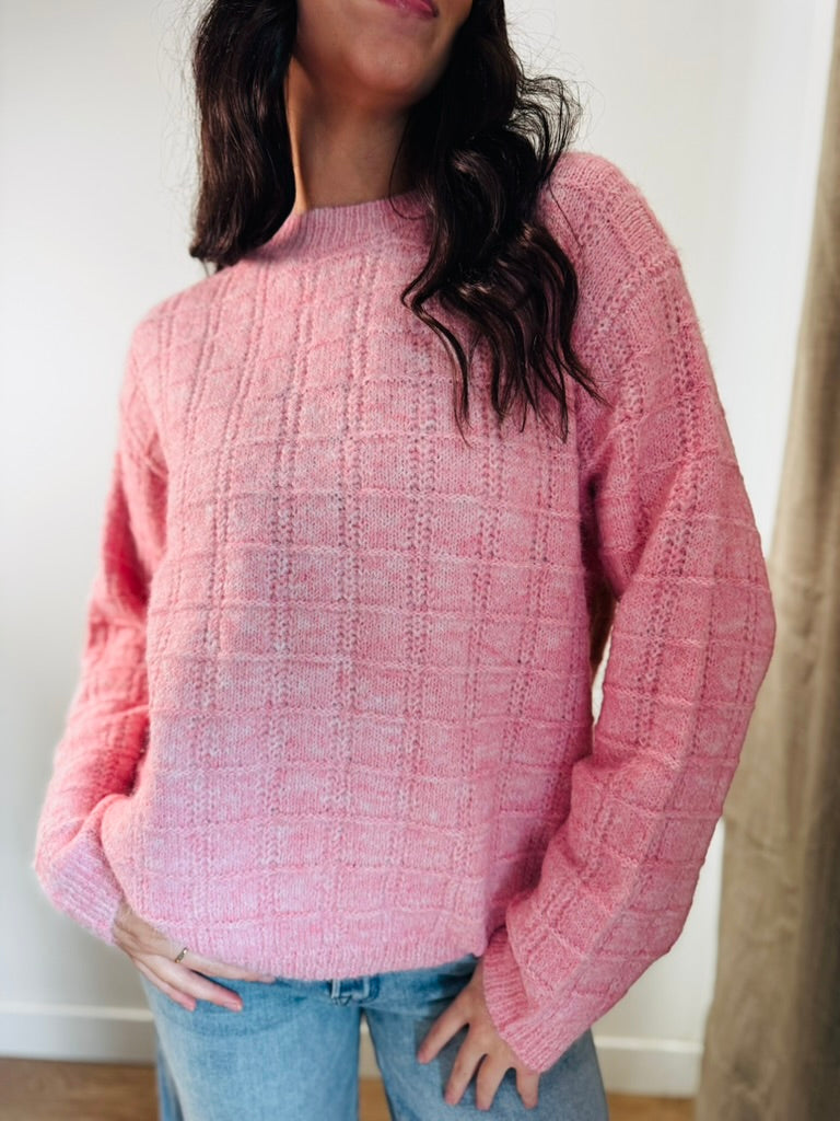 Pink Grid Textured Sweater