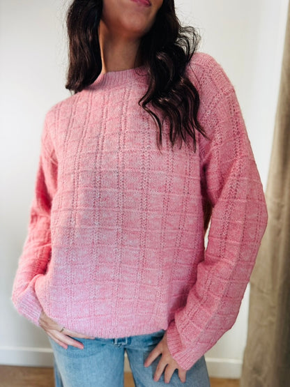 Pink Grid Textured Sweater