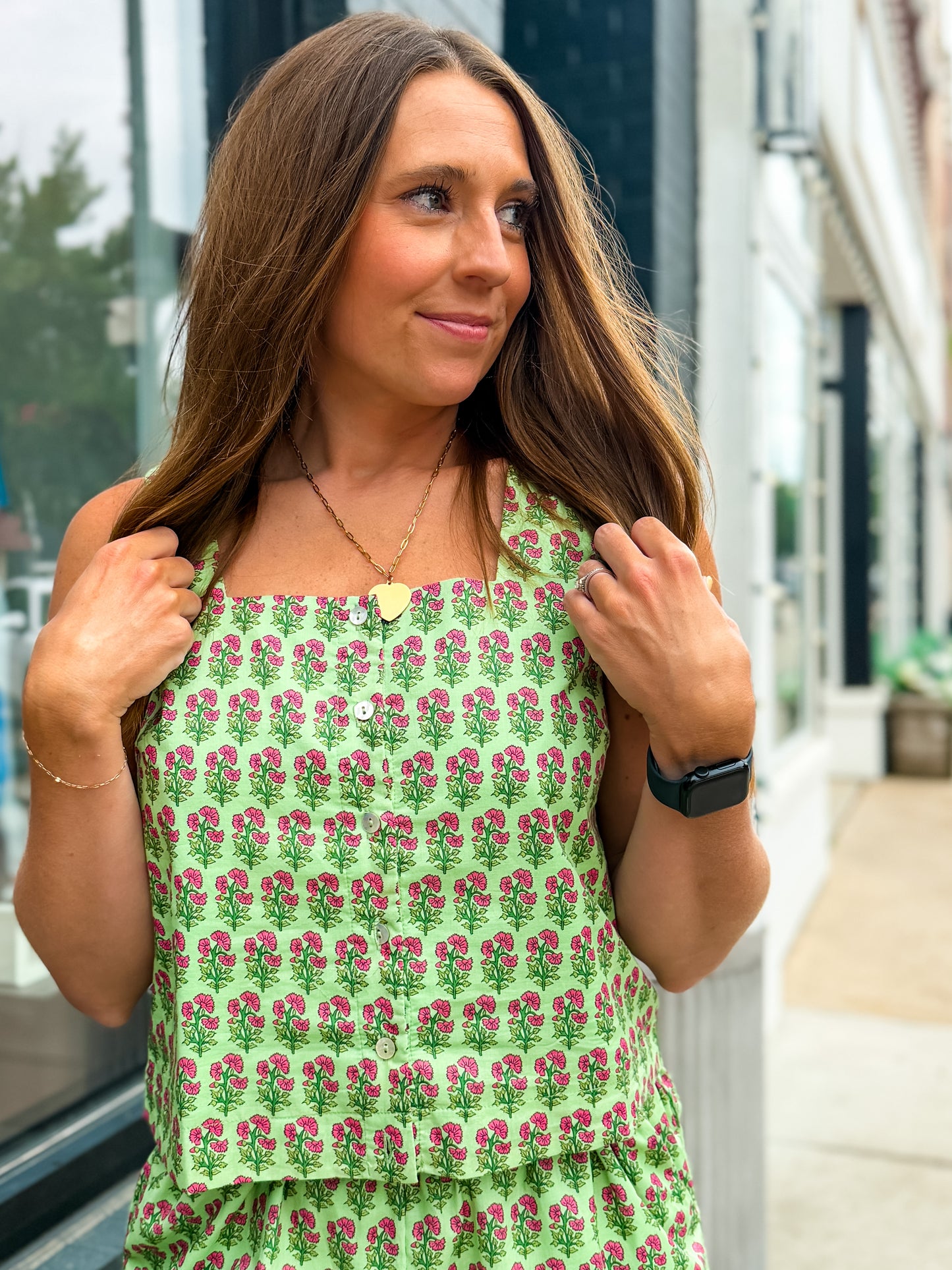Green Botanical Print Tank Top Blouse