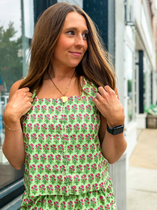 Green Botanical Print Tank Top Blouse