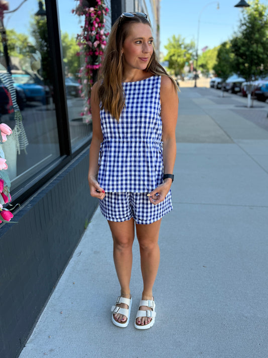 Blue + White Gingham Tank + Shorts Set
