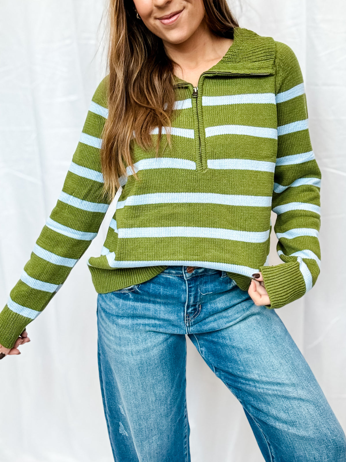 Olive Green Stripe 1/2 Zip Pullover