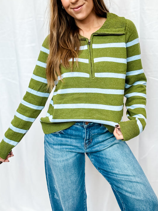 Olive Green Stripe 1/2 Zip Pullover