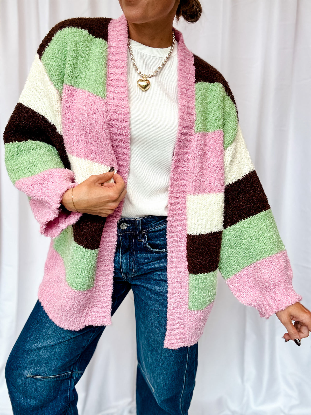 Fuzzy Pink Multi Open Cardigan