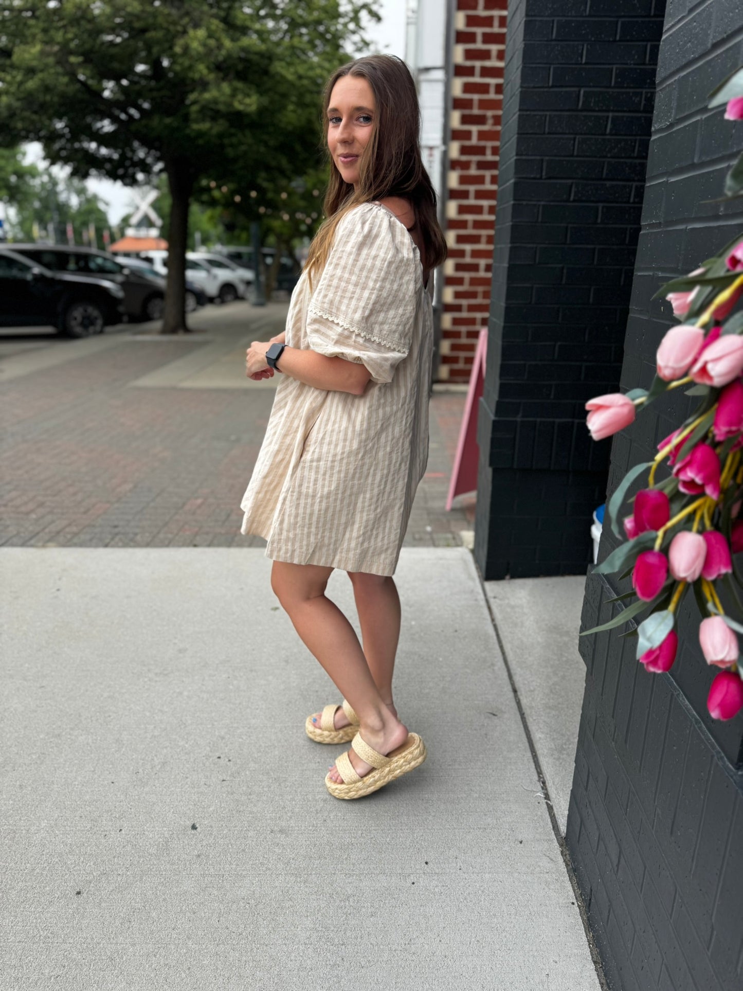 Taupe Stripe Flowy Romper