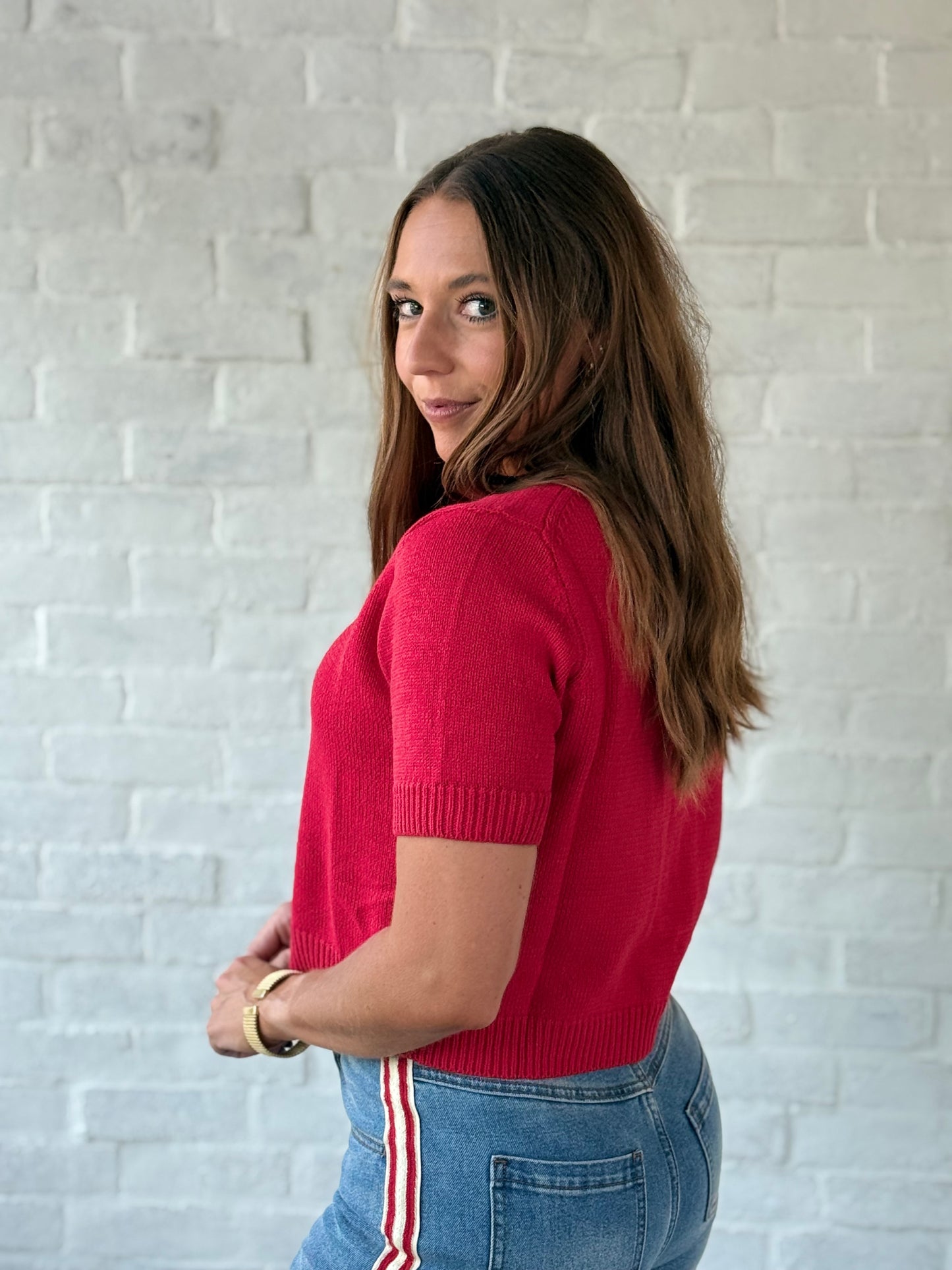 Red SS Button Sweater