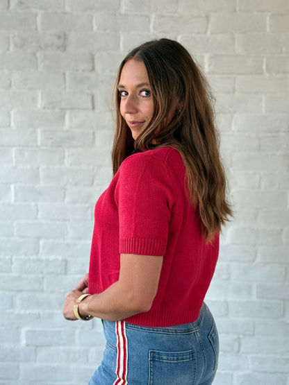 Red SS Button Sweater