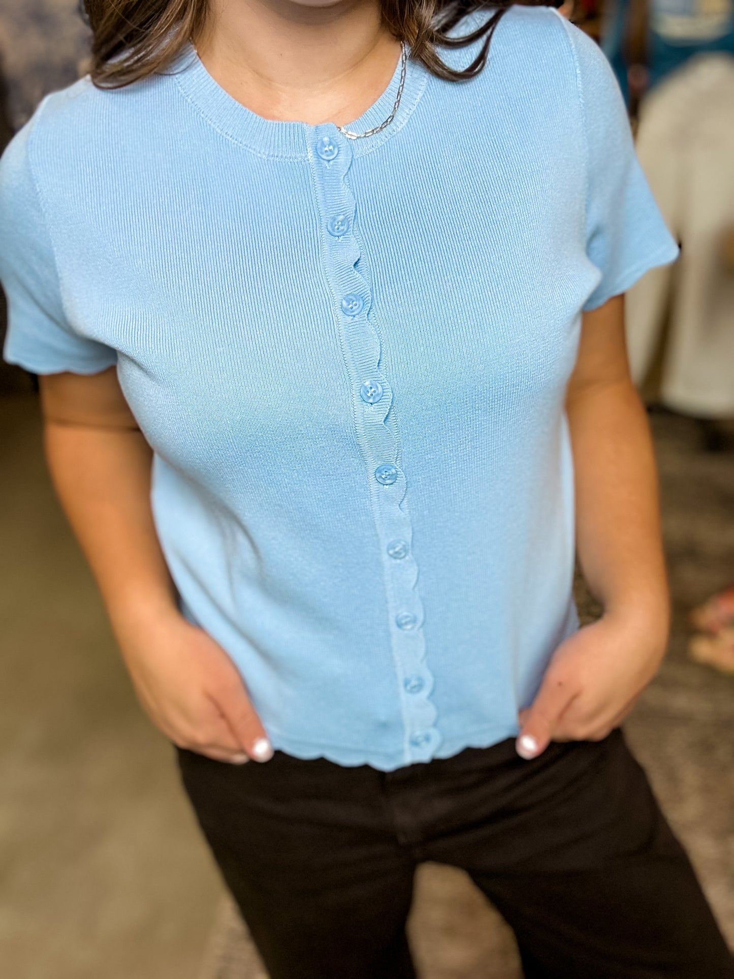 Blue Scalloped SS Button Cardigan