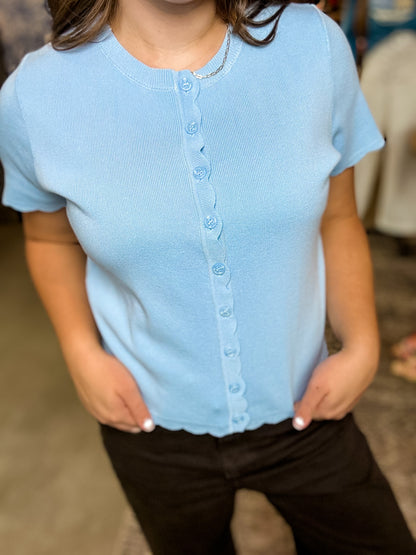 Blue Scalloped SS Button Cardigan