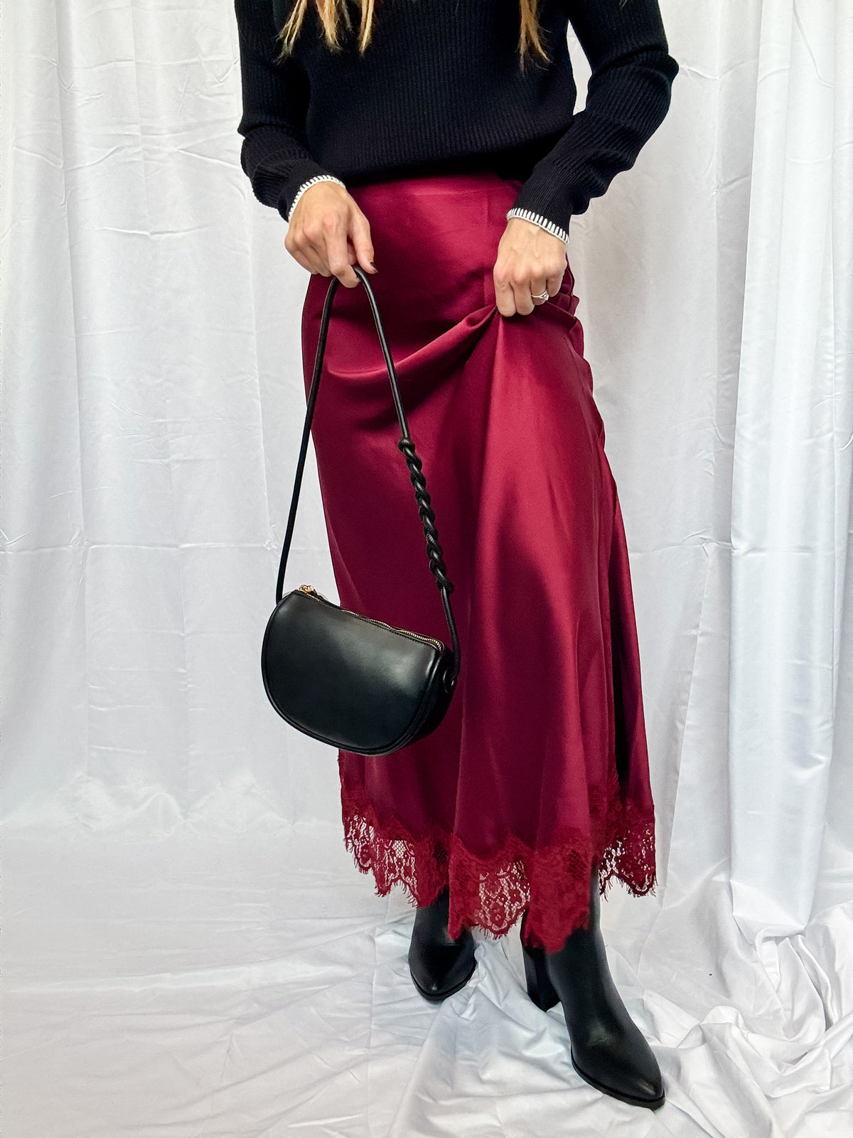 Wine Satin Lace Maxi Skirt