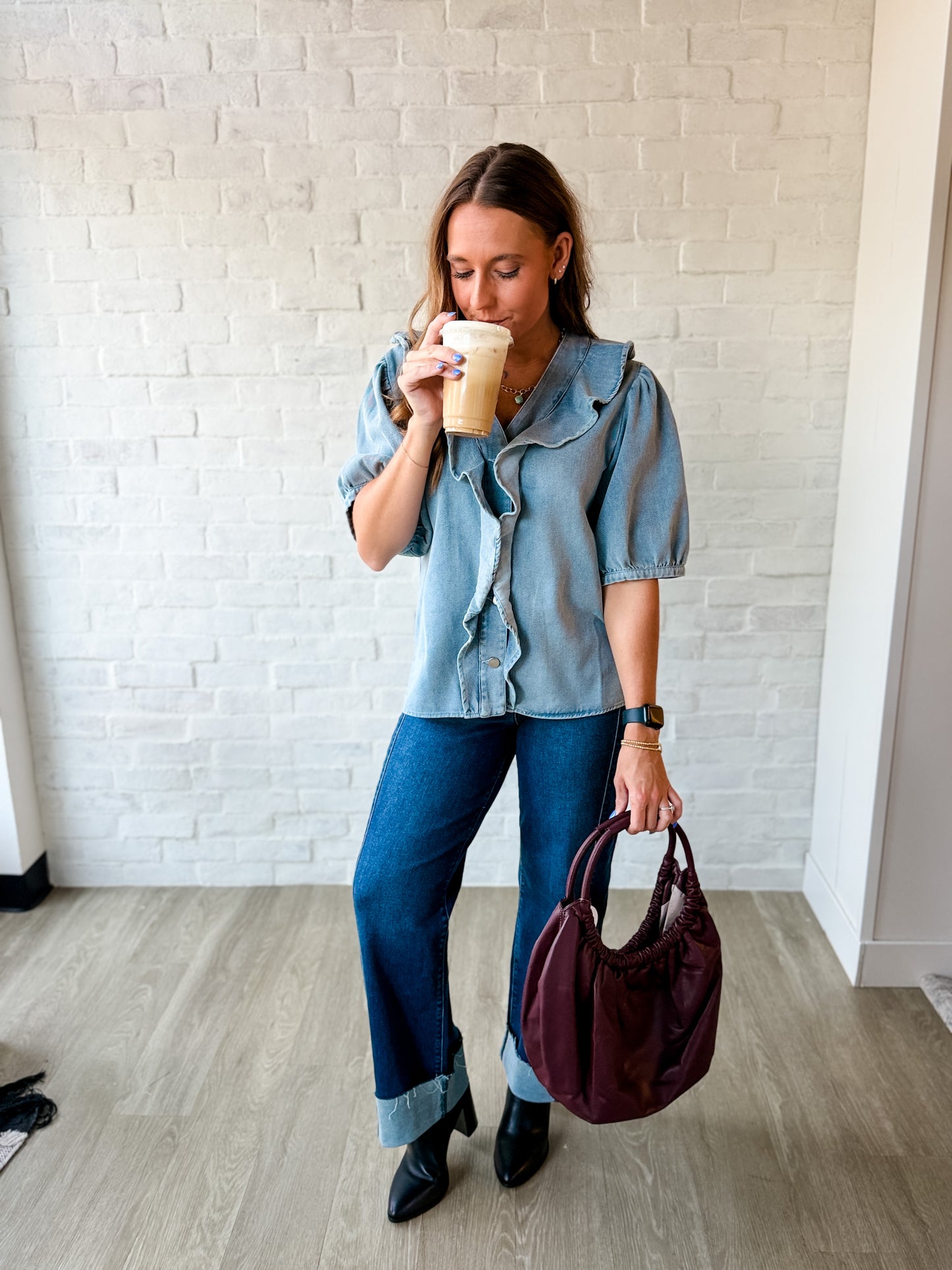 Light Denim Half Sleeve Ruffled Top