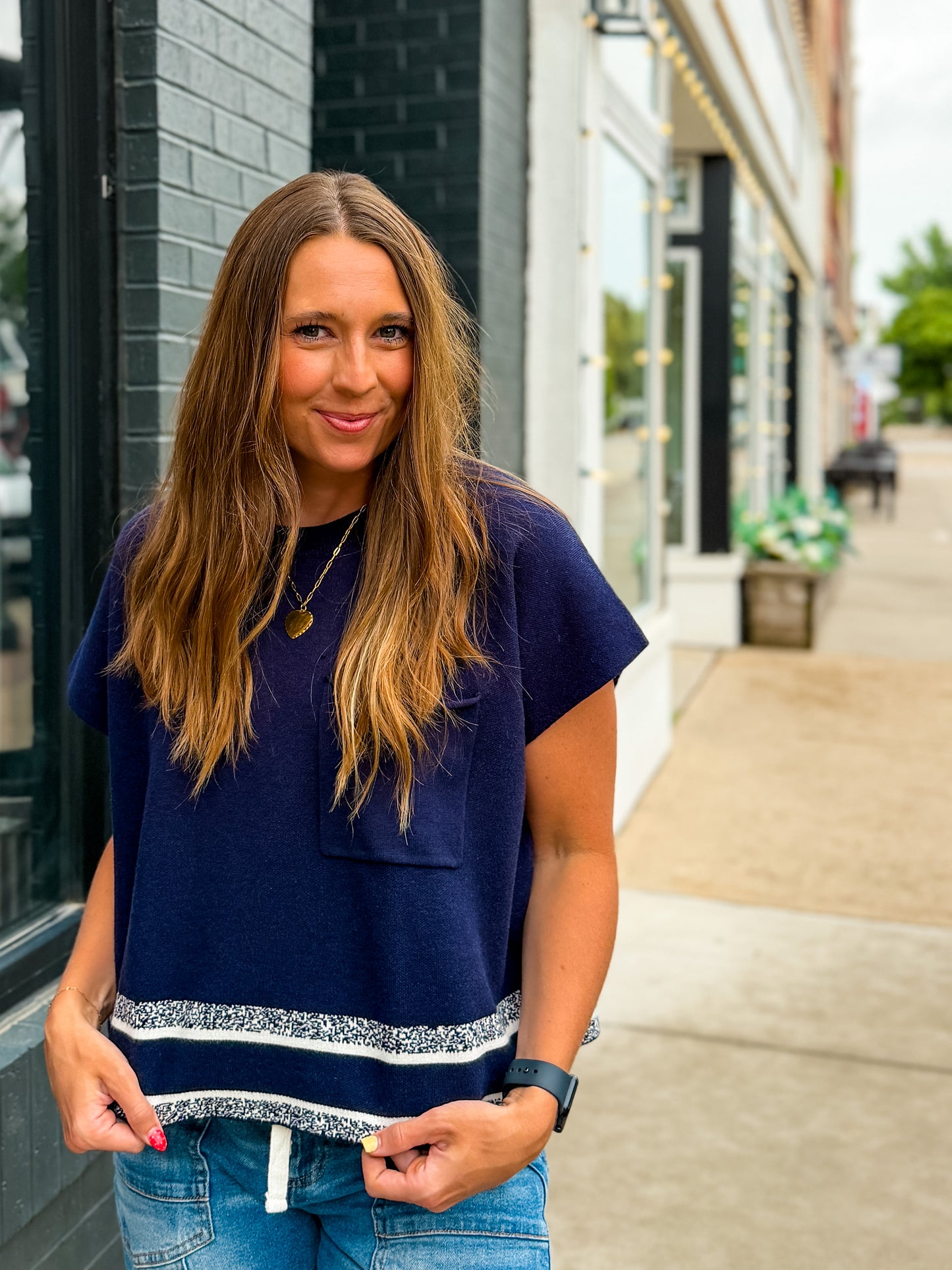 Navy Pocketed SS Sweater Blouse