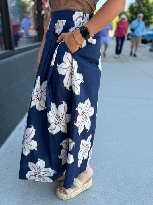 Navy Hawaiian Floral Midi Skirt