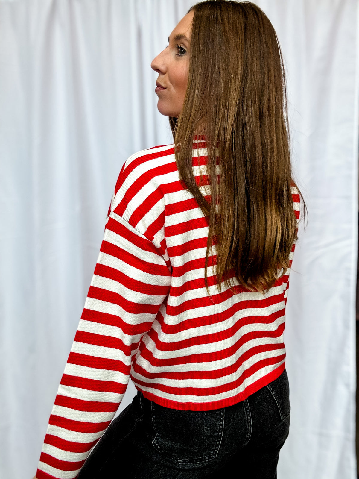 Red + White Stripe Button Cardigan Sweater