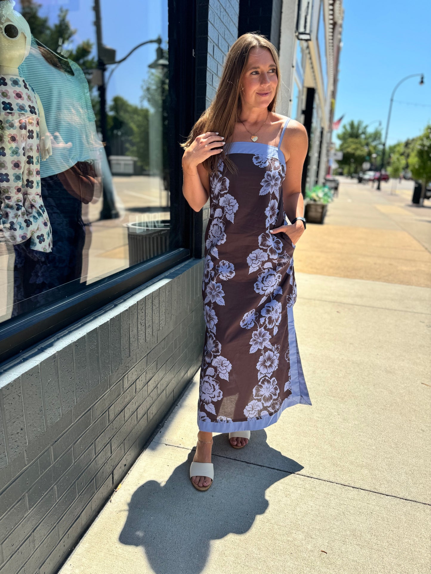 Brown + Blue Cami Floral Midi Dress