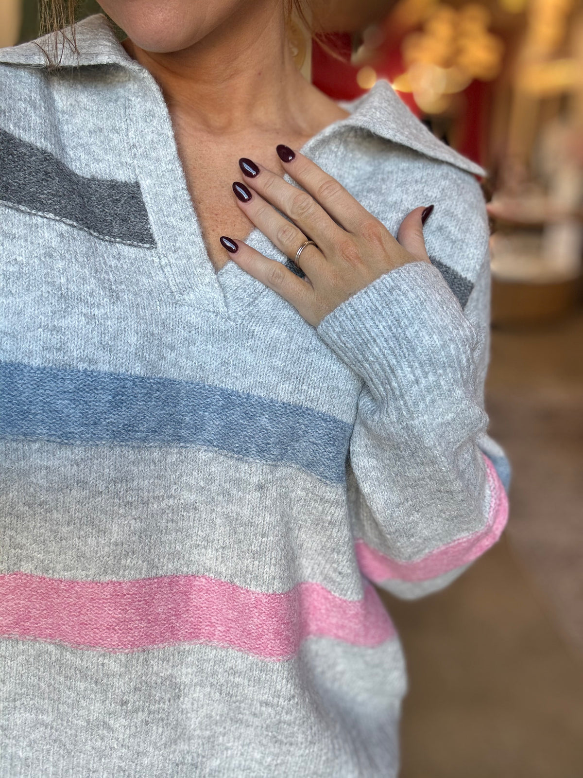Gray Collared Multi Stripe Sweater
