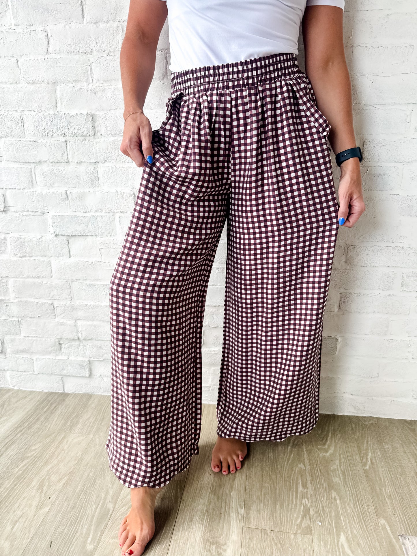 Burgundy Checkered Wide Leg Pants