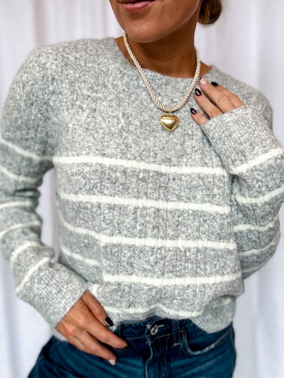 Gray + White Stripe Round Neck Sweater