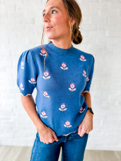 Blue Floral Embroidery Scalloped SS Sweater