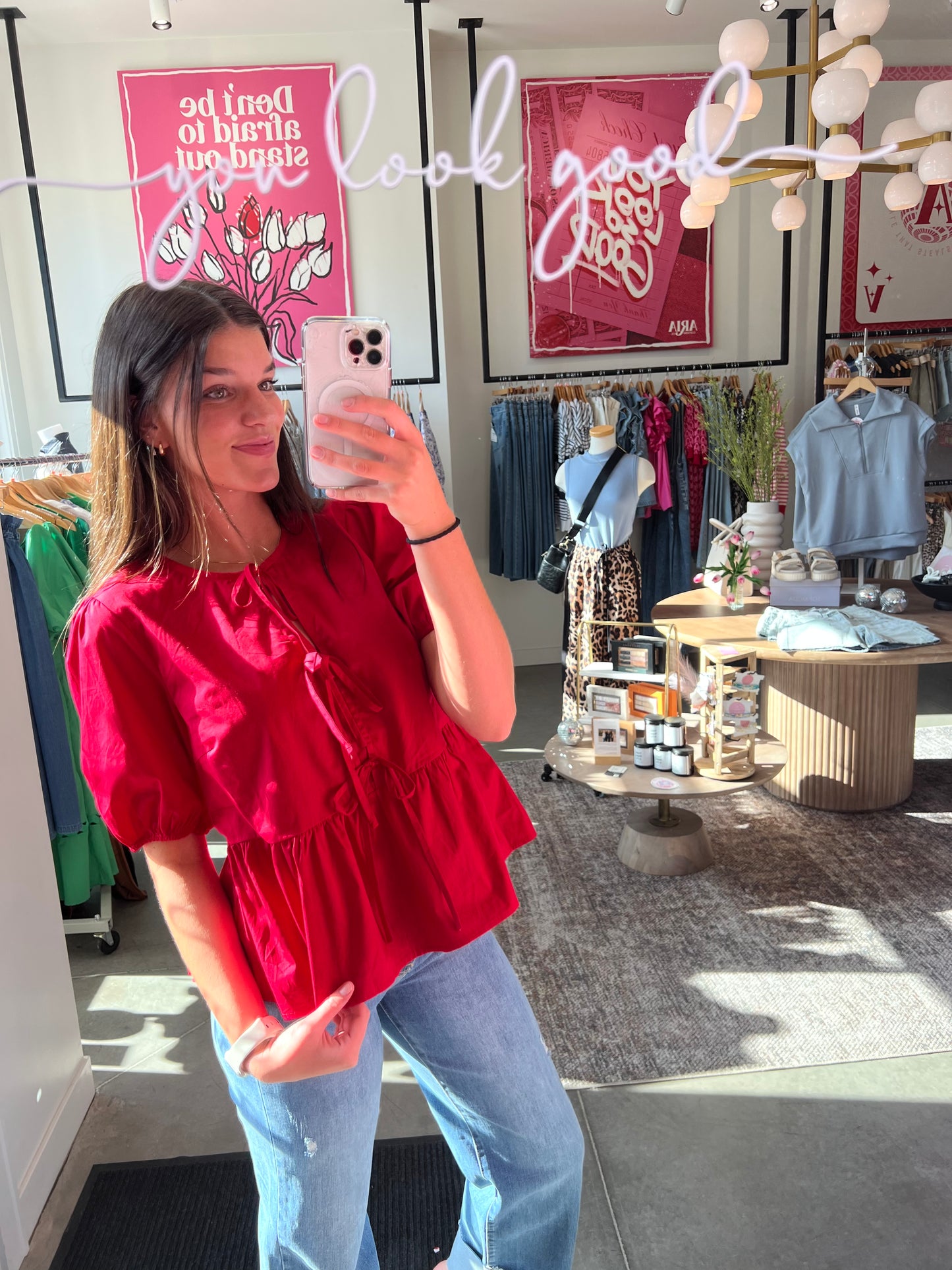 Red Bow Half Sleeve Blouse