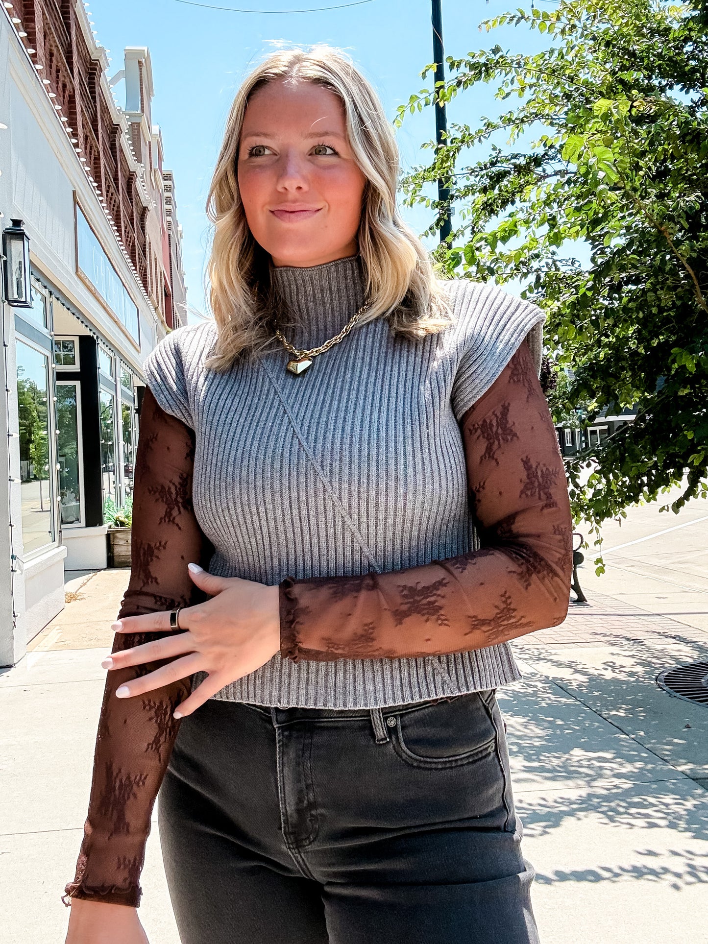 Gray Knit Cap Sleeve Sweater