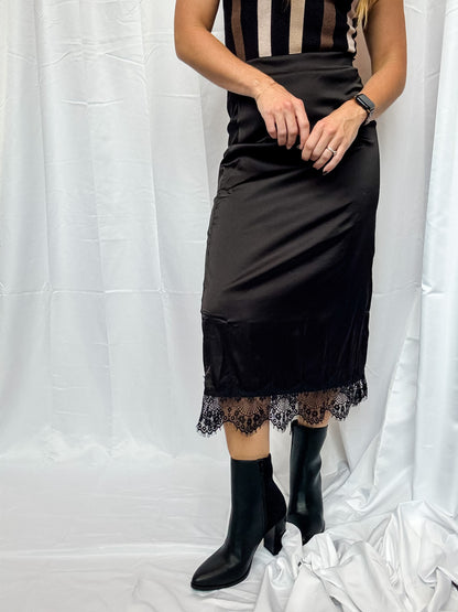 Black Satin Lace Midi Skirt
