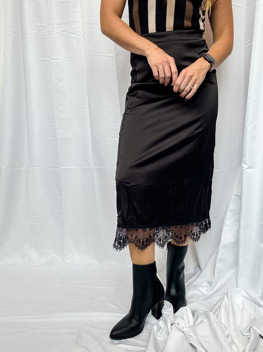 Black Satin Lace Midi Skirt