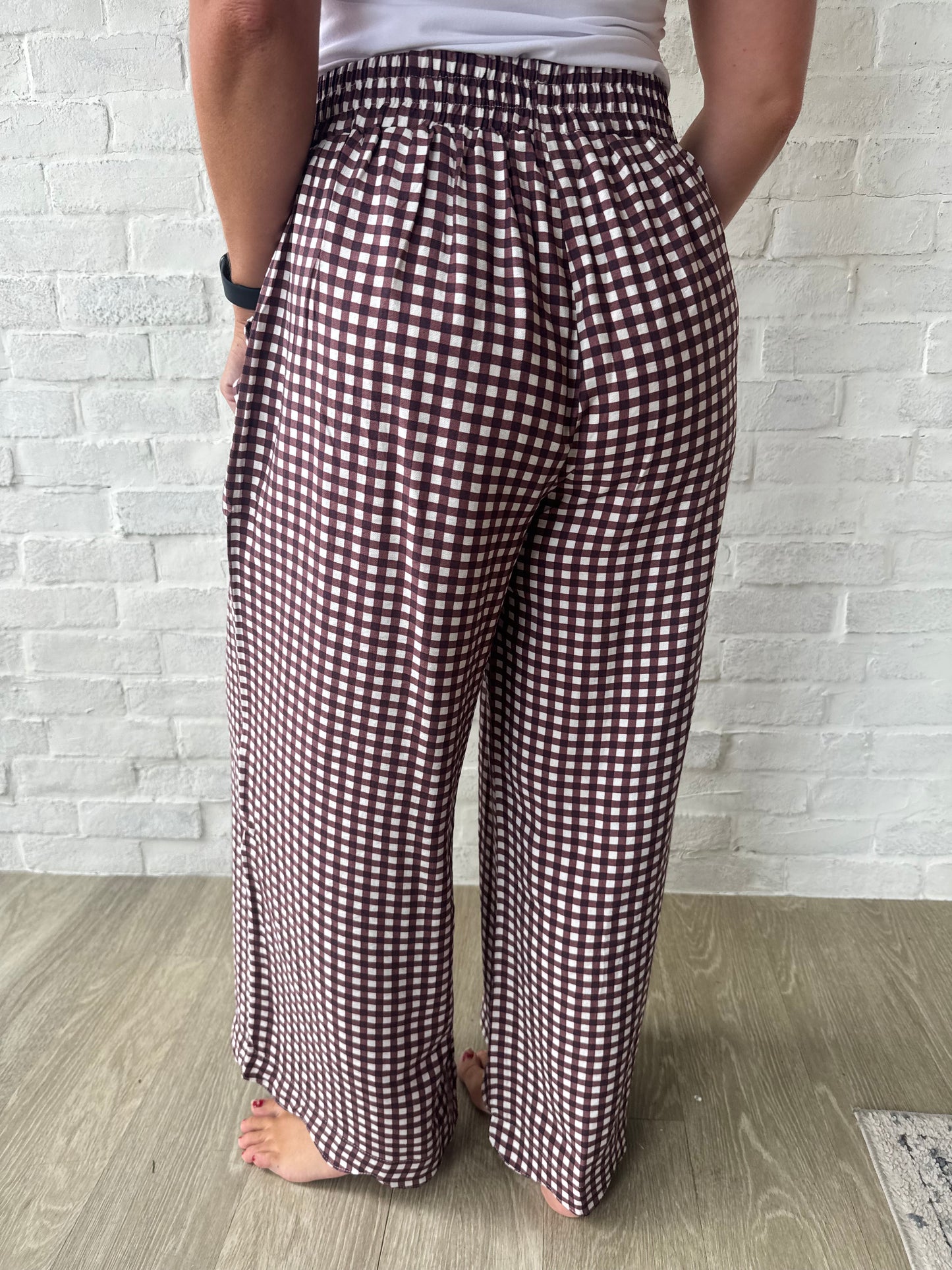 Burgundy Checkered Wide Leg Pants