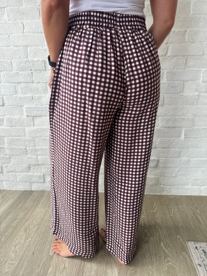 Burgundy Checkered Wide Leg Pants