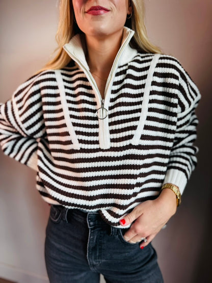 Brown Half Zip Stripe Sweater