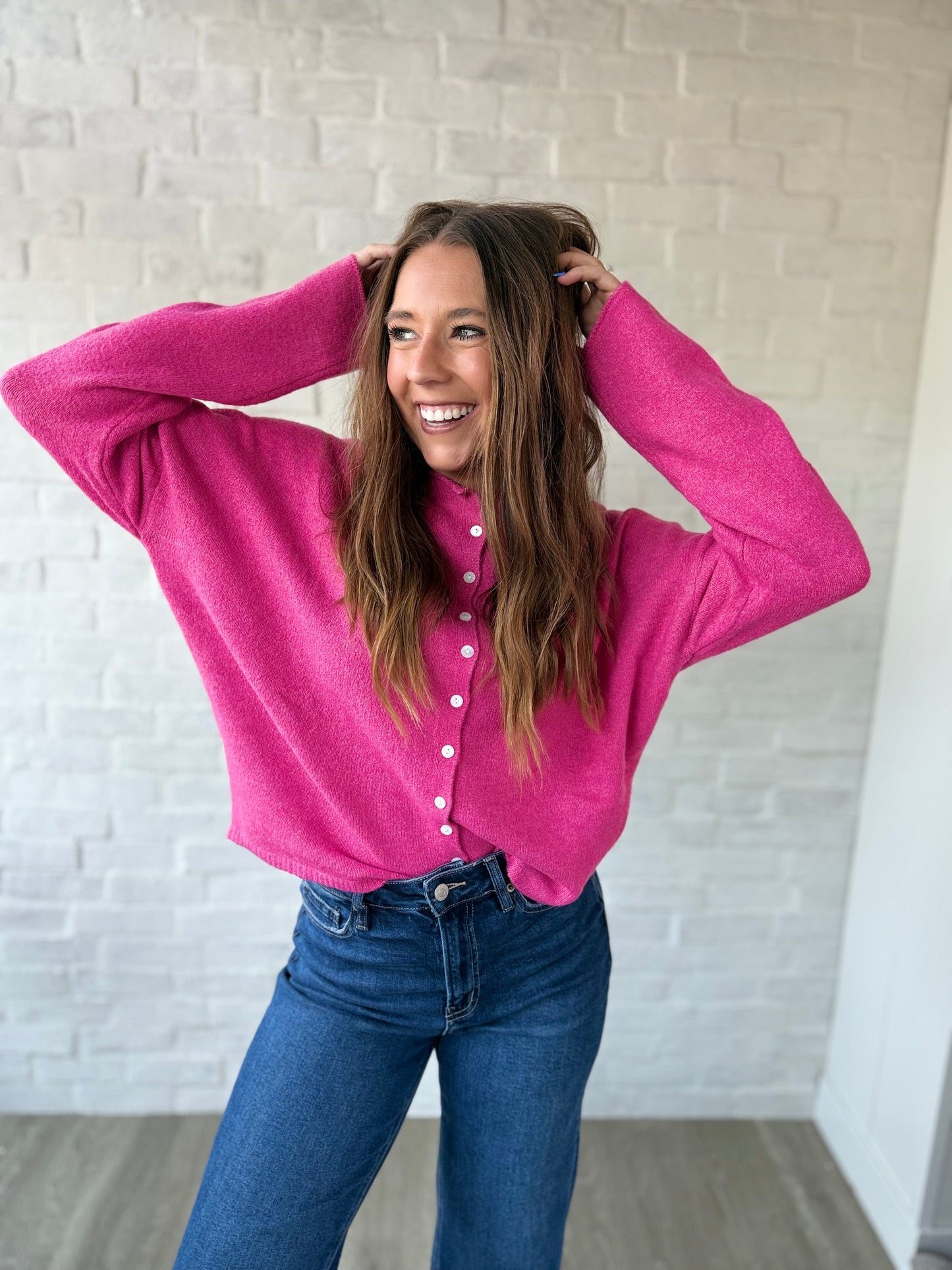 Hot Pink Button Cardigan Sweater