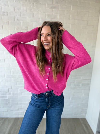 Hot Pink Button Cardigan Sweater